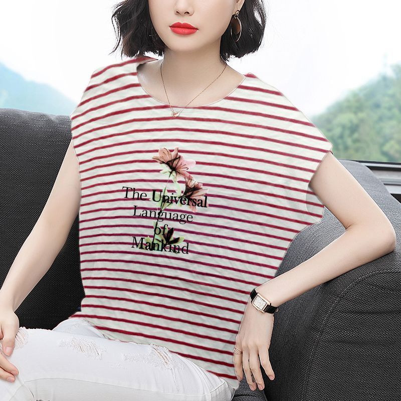 Fashion O-Neck Printed Letter Striped T-Shirt Women's Clothing 2024 Summer New Casual Pullovers Batwing Sleeve Korean Tee Shirt