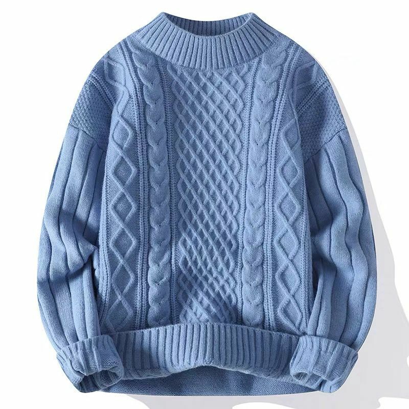 Зима 2023, плюшевые теплые свитеры, мужские новые толстые топы с закрученным узором, базовые рубашки с круглым вырезом, молодежные динамичные вязаные пуловеры