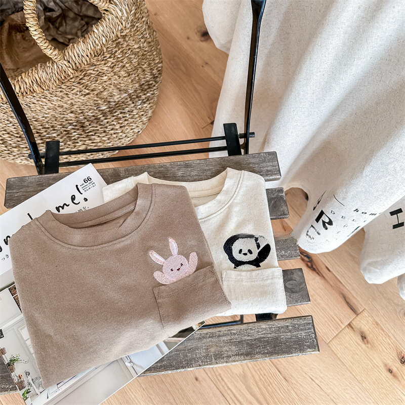 Camiseta de algodão manga curta infantil bordada em desenhos animados, tops de assentamento, versão coreana, bebês meninos e meninas, moda infantil, verão