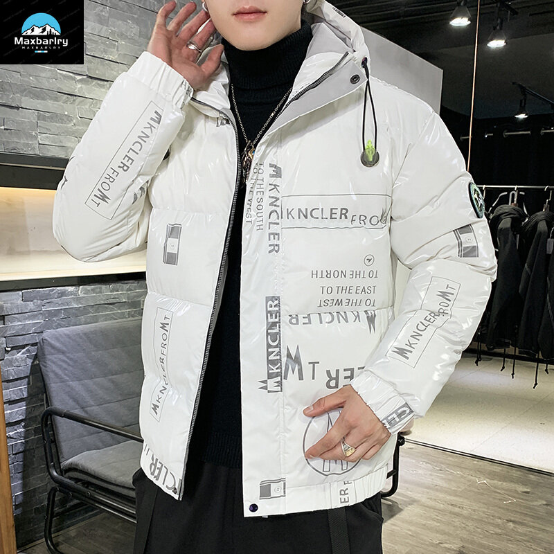 Jaket hangat bertudung untuk pria, jaket Parka musim dingin mengkilap warna putih bebek hangat dengan ritsleting, mantel Parka musim dingin