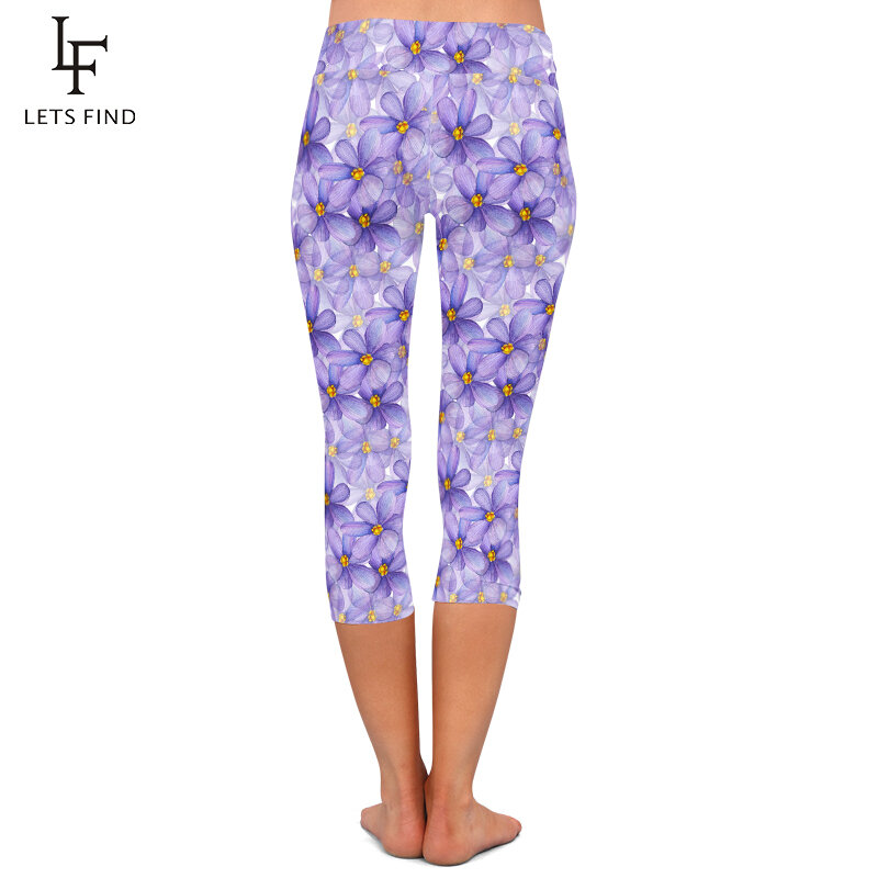 LETSFIND nowe kobiety legginsy Capri moda ręcznie malowane fioletowe kwiaty drukuj wysokiej talii miękkie Stretch połowy łydki 3/4 spodnie