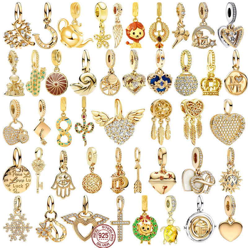 925 Sterling Silver Gold Plated Série Beads para Mulheres, Dangle Charms, Fits Original Pandora Pulseira, DIY Moda, Jóias Presente, Hot Sale