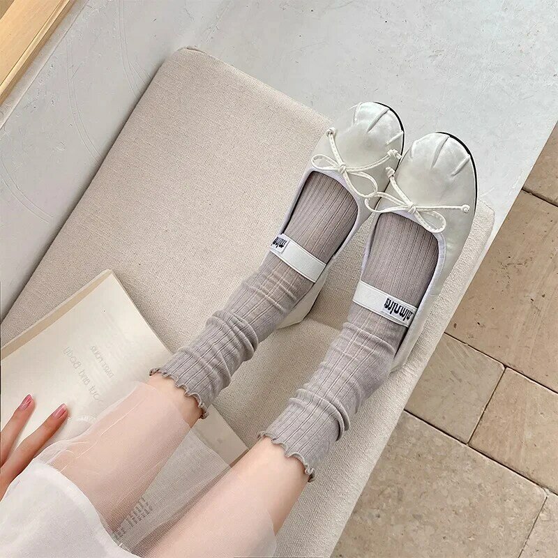 Милые носки Lolita Kawaii с рюшами женские летние тонкие сетчатые дышащие свободные длинные носки однотонные носки в балетном стиле черные белые