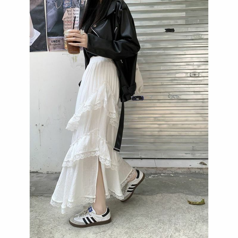 여성 레이스 스플라이싱 하이웨이스트 스커트, 얇은 외국 스타일 스커트, 귀여운 패션 디자인 감각, 가을 신상