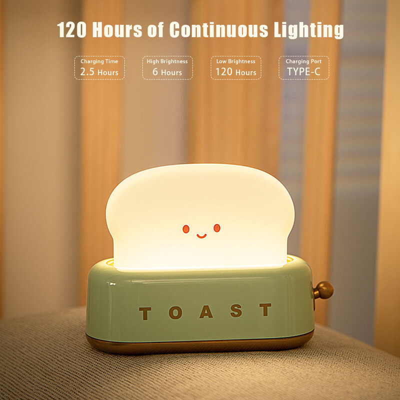 Toast Cartoon LED Night Light Cute Home Decor Kawaii pane lampade da tavolo notte allattamento al seno luce portatile con Timer piccola lampada