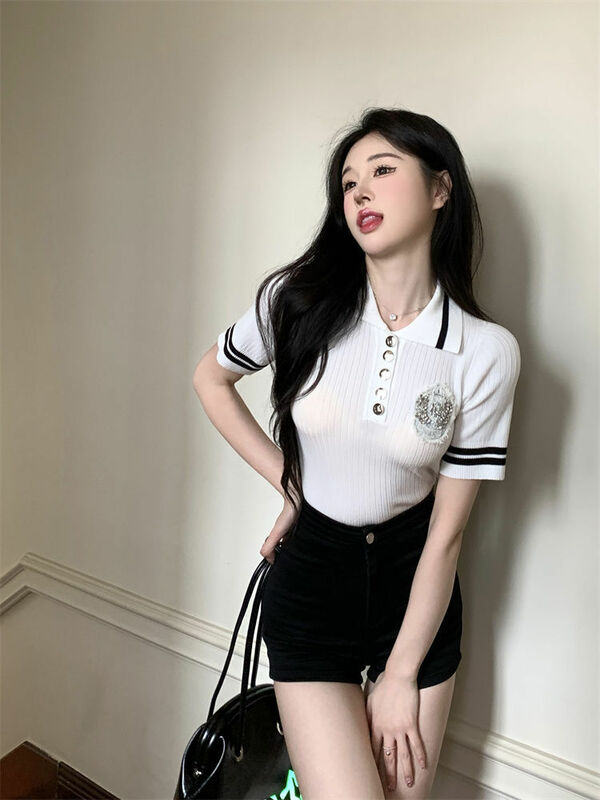 Korea Women Fashion Summer Sweet Cute Diamond Preppy Color Matching Short Sleeved Ice Silk Knitted Polo Shirt Top