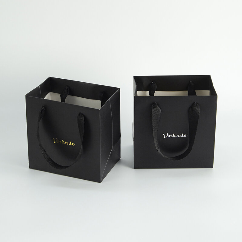 Черные бумажные пакеты с ручками 15x10x15 см, 24 упаковки с логотипом на заказ, пакеты из крафт-бумаги, большие пакеты, сумки для покупок для продуктов, бизнеса
