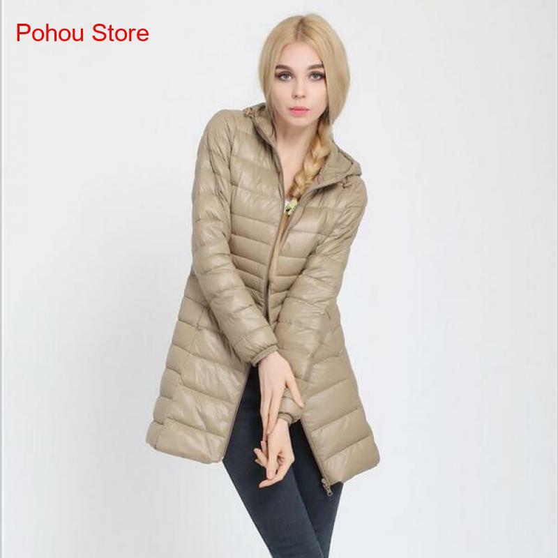 Jaket bulu angsa wanita, jaket panjang Medium warna polos bertudung musim gugur dan dingin dengan beberapa warna