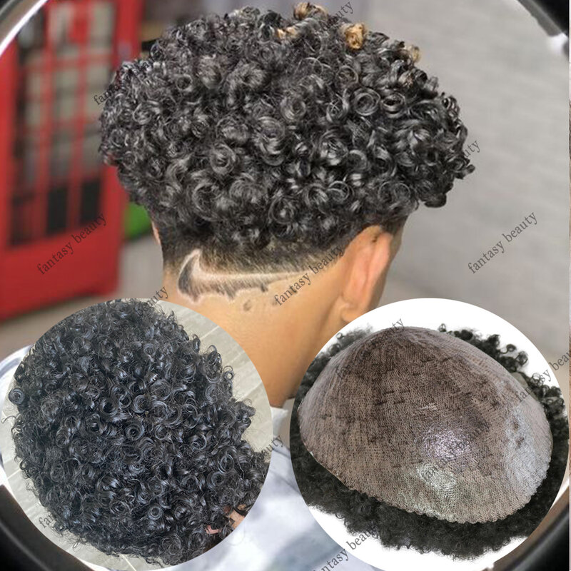 15MM Curly Hair Men's Toupee Durable Full Thin Skin Unit Man Replacement System  African American Wig 100% Real Human Hair