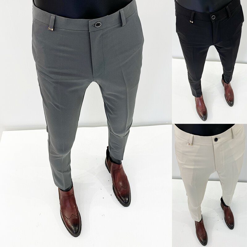 Celana setelan pria, celana Formal ramping melar musim gugur 2024 untuk pria
