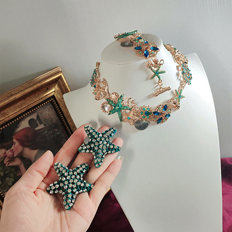 Vintage Ocean Style Shell Sea Star Inlaid Diamond Necklace Bracelet Silver Earring for women's girl jewelry sets women's set