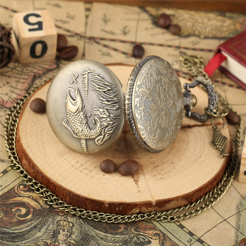 Montre de poche classique avec motif de poisson 3D, mouvement à quartz en bronze, horloge avec collier, accessoire JOPendant, cadeau d'horlogerie