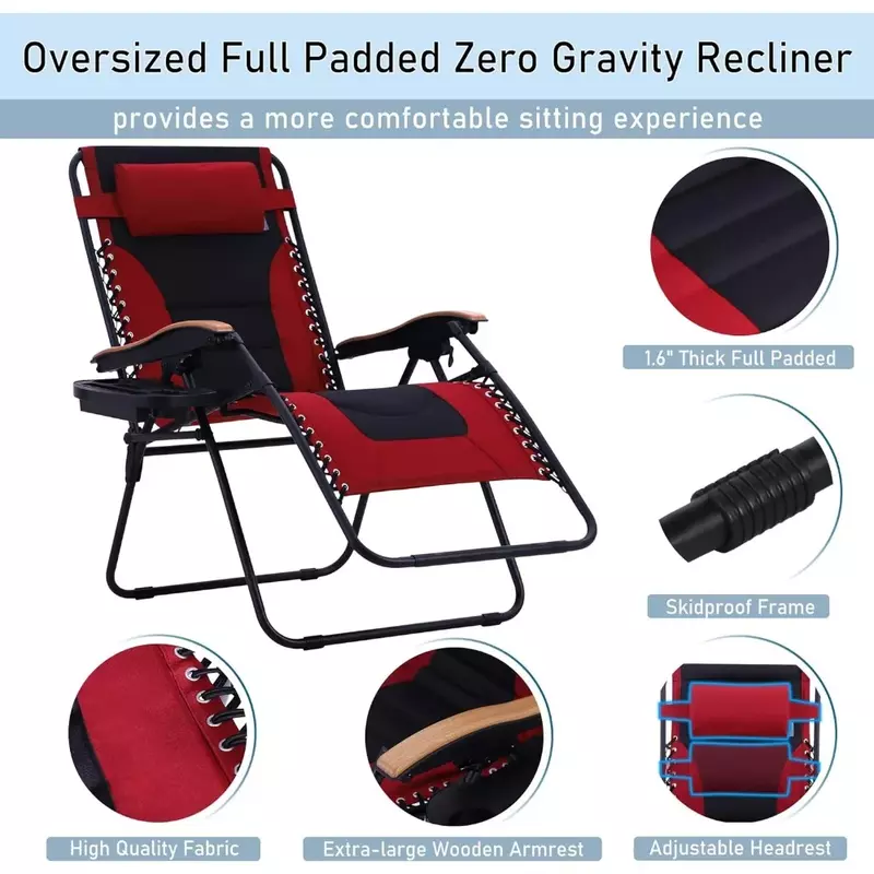 Set of 2 Folding Beach Chair Support 400 LBS (Red) Folding Garden Lounger Foldable Patio Recliner Beach Chaise Longue Deck-chair