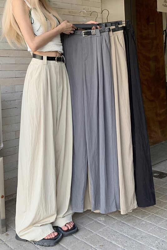 Pantalones informales de traje blanco para mujer, pantalón holgado de cintura alta, pierna recta y pierna ancha, novedad de verano 2023