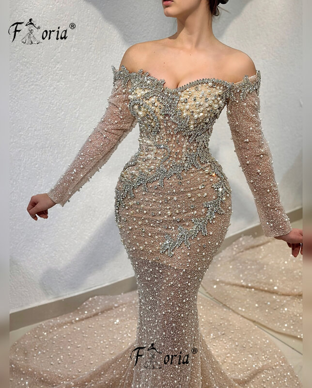 Perle di lusso abito da sera in cristallo sirena al largo della spalla abiti da festa di nozze abiti per occasioni formali Prom Couture Dubai 2023