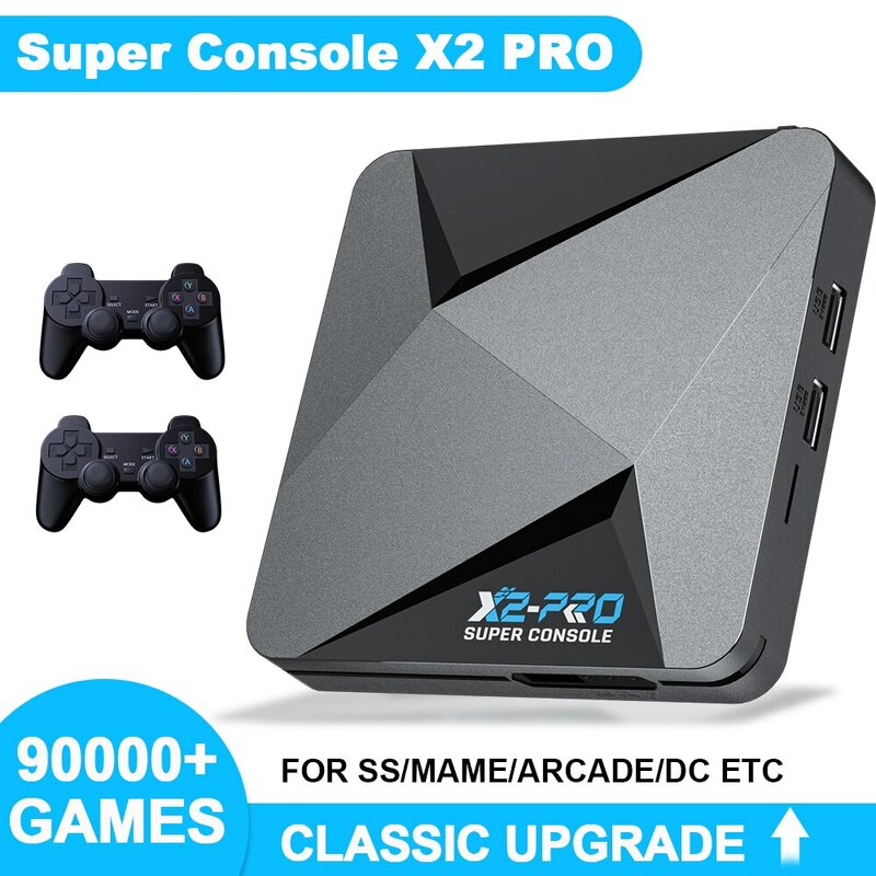 KINHANK konsol Video Game Retro, konsol Super X2 Pro dengan 90000 Video Game untuk PS1/DC/MAME/SS dengan Gamepad hadiah kotak Game anak