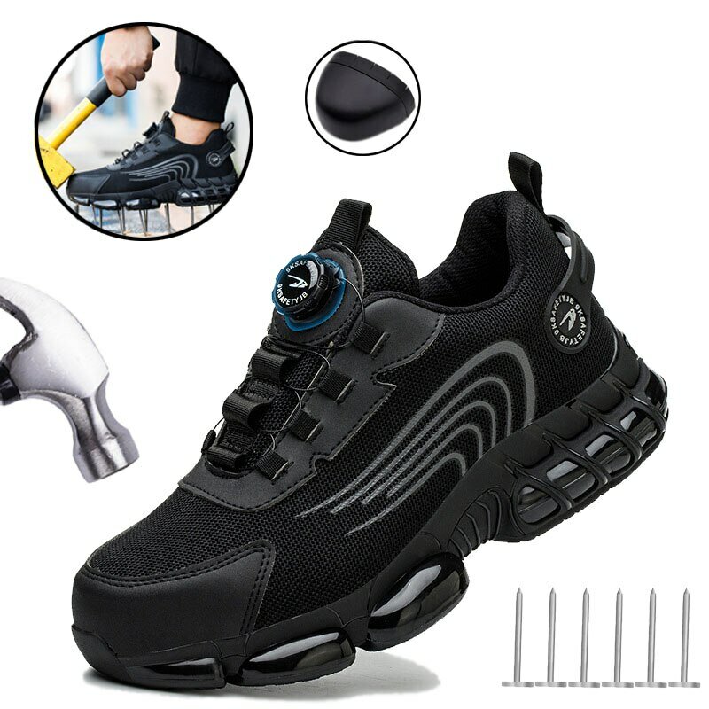 Zapatos de seguridad con botones giratorios para hombre, zapatos deportivos de trabajo, botas protectoras, zapatos de acero Parker, zapatos casuales con anillo