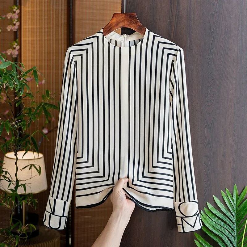 Женская шелковая блузка в полоску, свободная рубашка с длинным рукавом и геометрическим принтом, корейский Повседневный Топ с круглым вырезом, YCMYUNYAN, лето 2023