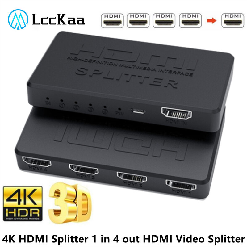 Conversor divisor compatível com HDMI, comutador de vídeo, 1 em 4 saídas, hub para PS4, laptop, monitor, TV Box, projetor, 1x4