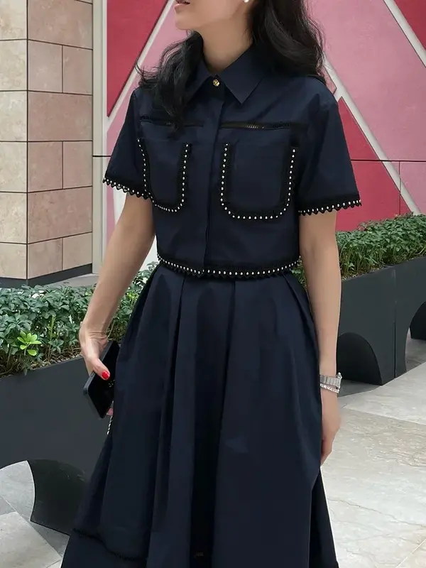 2024 New Elegant Two Piece Sets for Women Lapel Short Sleeve Tops High Waist A Line Pleated Skirts Solid Set Female Summer