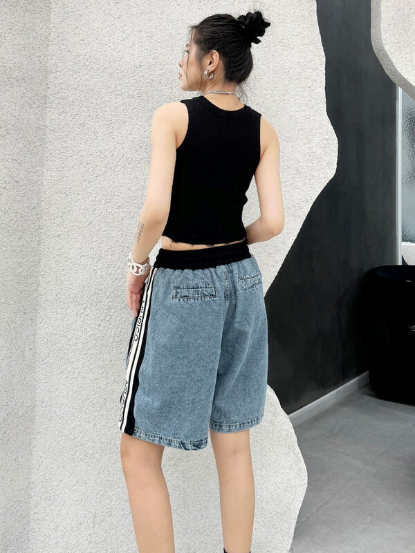 Женские джинсовые шорты, эластичные свободные прямые брюки контрастных цветов, в уличном стиле, лето 2024