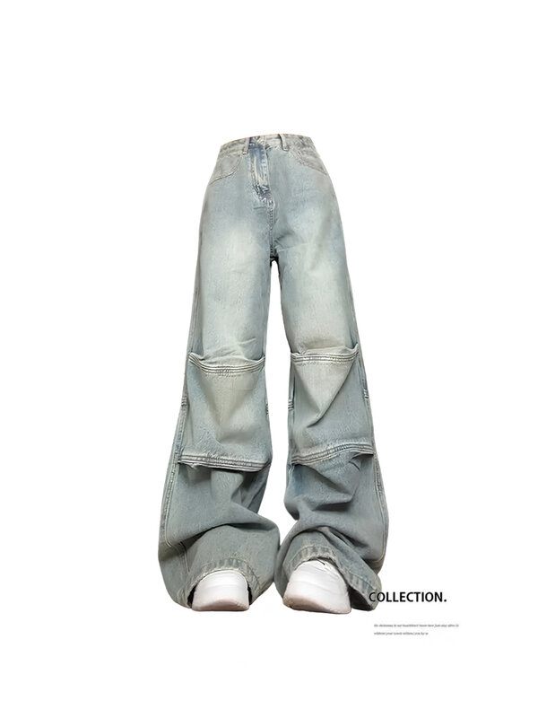 Celana Jeans wanita, Harajuku estetika Streetwear Y2k celana Denim 2000s longgar lebar Jean celana Vintage pakaian sutra