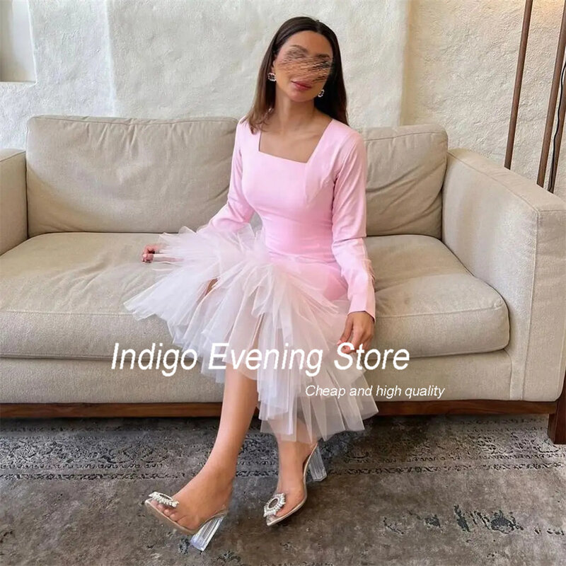 Indigo Elegant Mermiad Prom Dress 2024 Square Collar Long Sleeve Ankle-Length Tiered Tulle Evening Gown Women Robes De Soirée