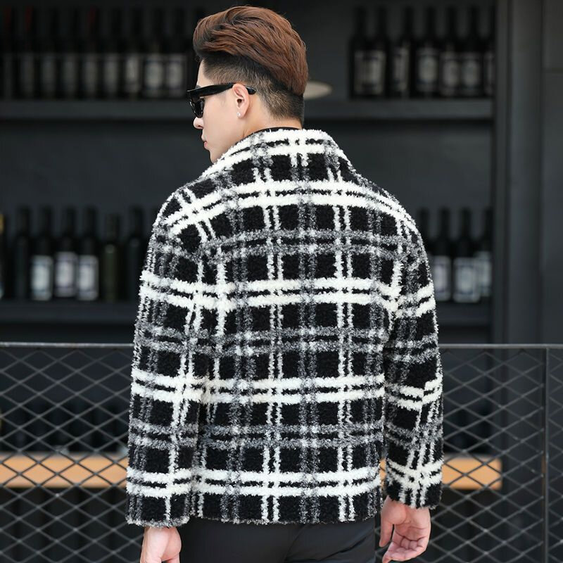 2023 가을 겨울 패션 남성용 짧은 진짜 모피 코트, 남성 격자 무늬 양 전단 재킷, 진짜 모피 따뜻한 오버코트 I499