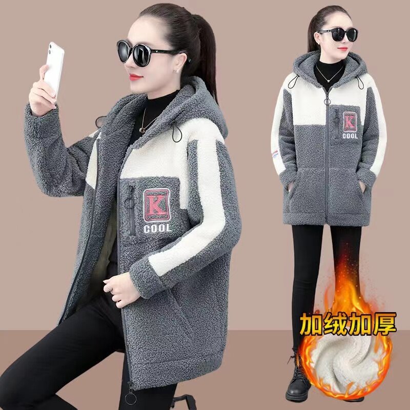 Gruba Polar runo odzież wierzchnia koreańska duży rozmiar luźny damski płaszcz z kapturem płaszcz z wełny jagnięcej kobiet 2024 jesień zima nowa kurtka