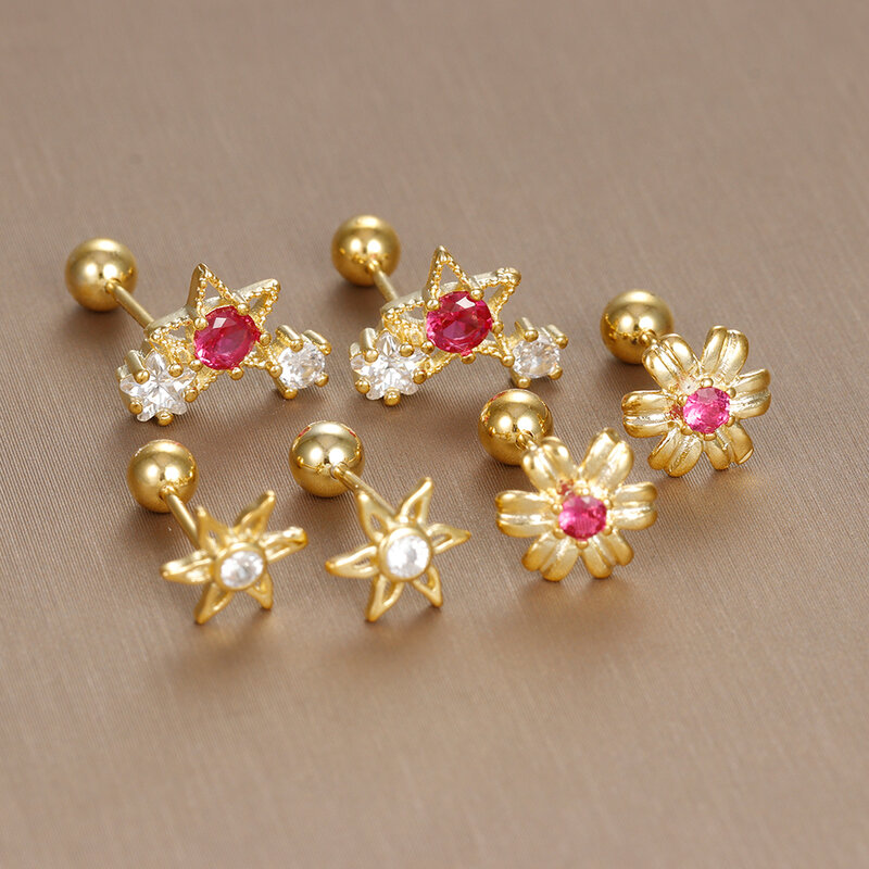 Pendientes de tuerca de acero inoxidable para mujer, Aretes de flor roja rosa, colgante geométrico, pendientes asimétricos de luna y estrella, joyería