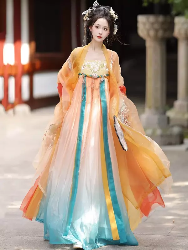 YiLinFang 5 szt. Zestaw Tang Dynasty pomarańczowy haft Hanfu kobiety elegancka starożytna chińska spódnica na piersi bajkowa sukienka chińska odzież