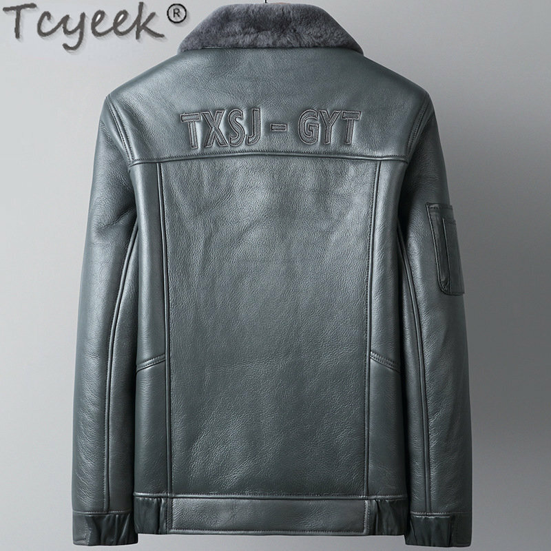 Tcyeek-天然のシープスキンの毛皮のコート,男性用の本物の革のジャケット,ウールのラペルの襟,短い服,冬