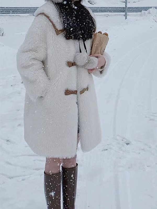 Casaco de lã de cordeiro com pele integrada para mulheres, casaco de pelúcia acolchoado solto para mulheres jovens, mistura coreana, inverno