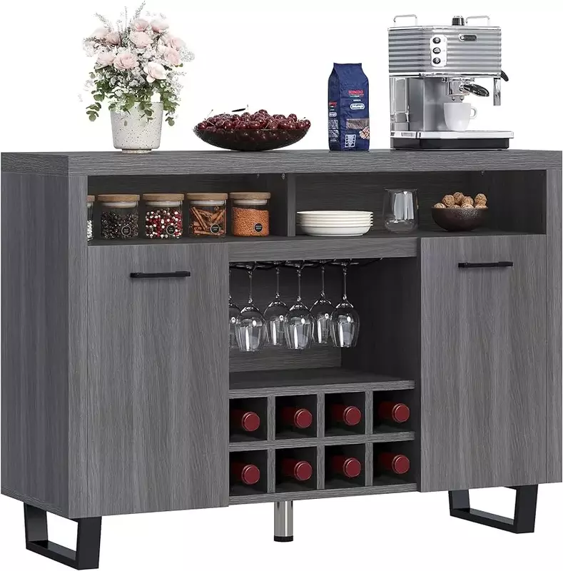 47" Modern Sideboard Buffet Cabinet with Storage, Wine Bar Cabinets with Wine and Glass Rack, Console Table for ,Grey Oak