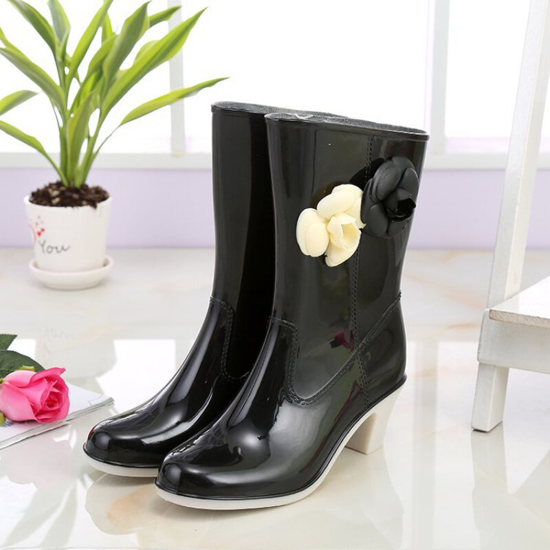 2024 Summer Fashion Women's Mid Cylinder Rain Shoes Flower Decoration High Heeled Water Boots Non-slip Rubber Shoes Zapatos Caza