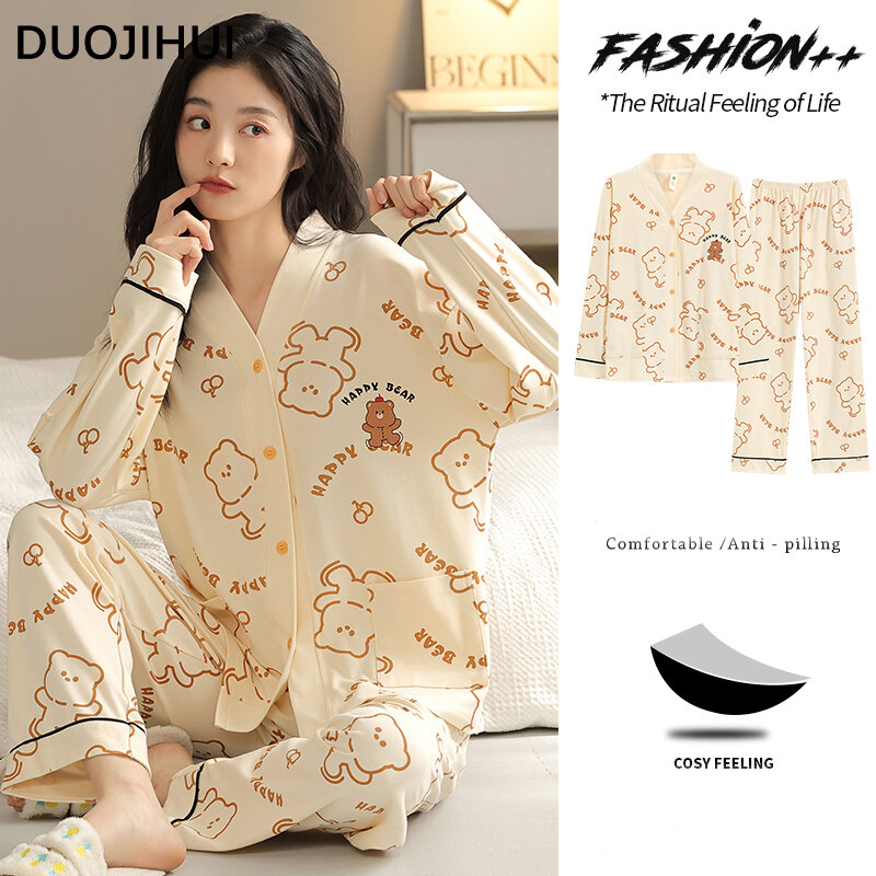 DUOJIHUI, новый Однотонный женский пижамный комплект из двух предметов, кардиган с V-образным вырезом, базовые брюки, модная Повседневная Пижама для женщин с накладками на груди
