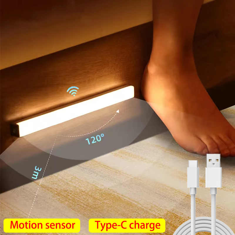 Sensor de movimento sem fio LED Night Light, TYPE-C lâmpada recarregável, lâmpada de armário, retroiluminação de escada para cozinha