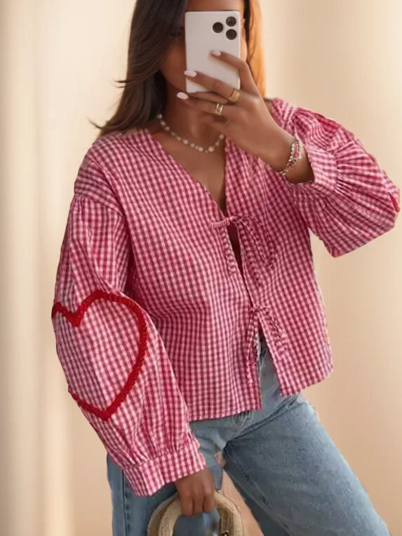 Koreanische Liebe Vintage V-Ausschnitt Hemd Frauen Tops Bluse 2024 Sommer neue Mode lässig karierte Schnür hemd Bluse weibliche Tops