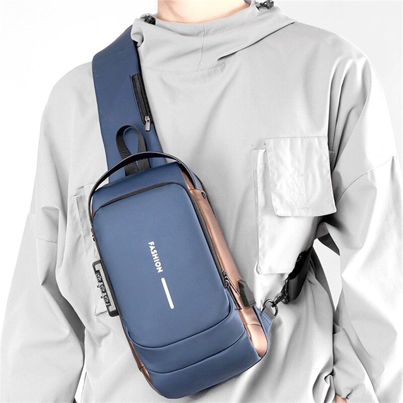 Men Travel Shoulder Bag Password Lock Motorcycle Bag Waterproof Sports Chest Bag Anti-theft Crossbody Bag For Men USB Charging