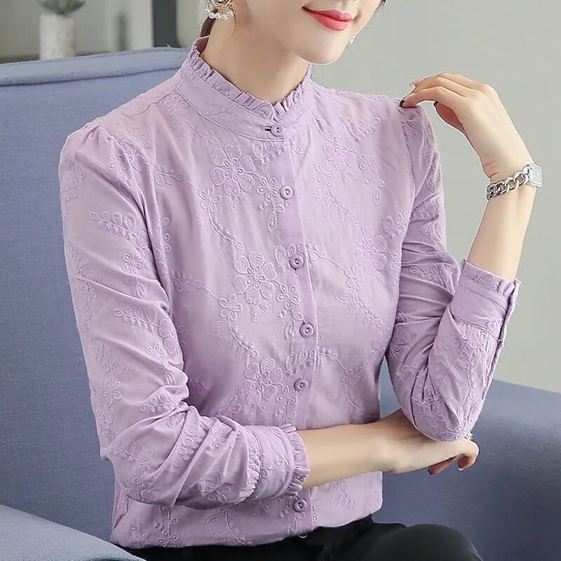 Female Spring Attire Embroidery Standing Collar Long Sleeved Shirt Coat 2024 Women Fashion Long Sleeved Cardigan Blouse Jacket