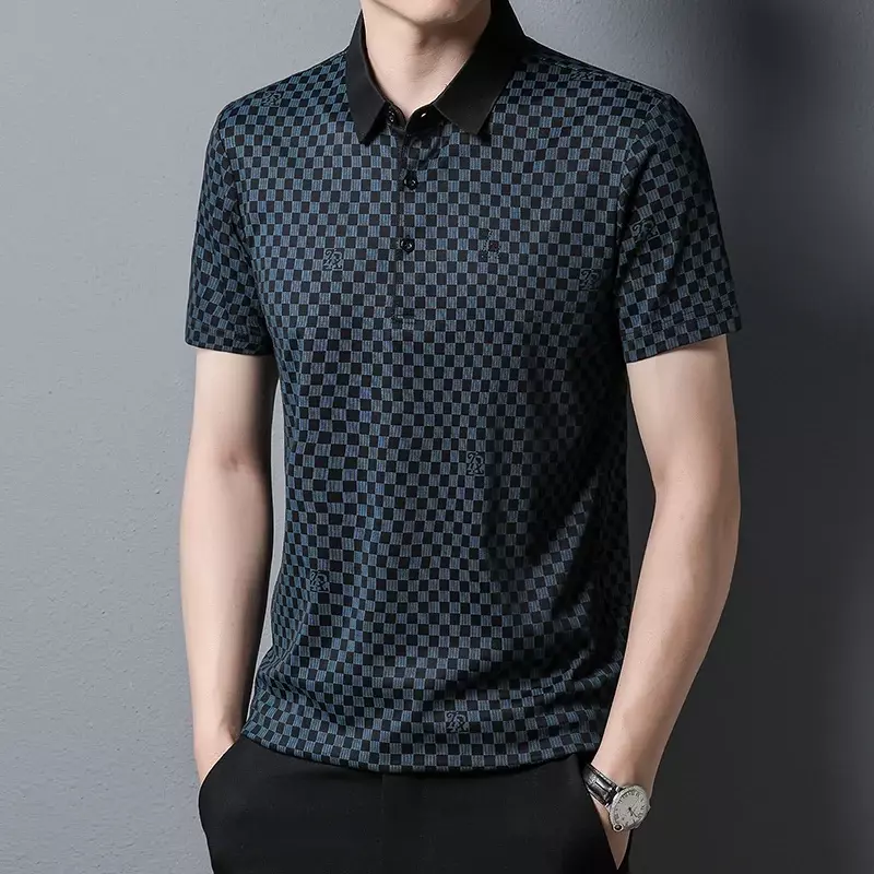 Camisa polo xadrez de manga curta masculina, blusa de seda gelada, fresca e respirável, marca high-end, verão