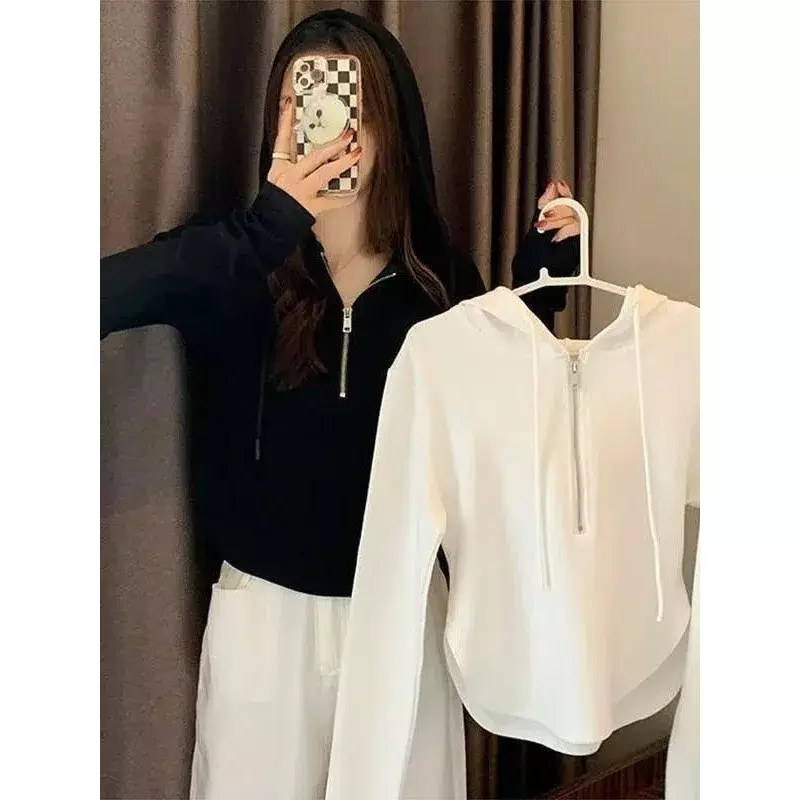 Spring Korean Streetwear Zip Up T Shirts Women Vintage Sexy Solid Hooded Cardigan Long Sleeve Y2k Tops Tracksuit Clothes 후드티