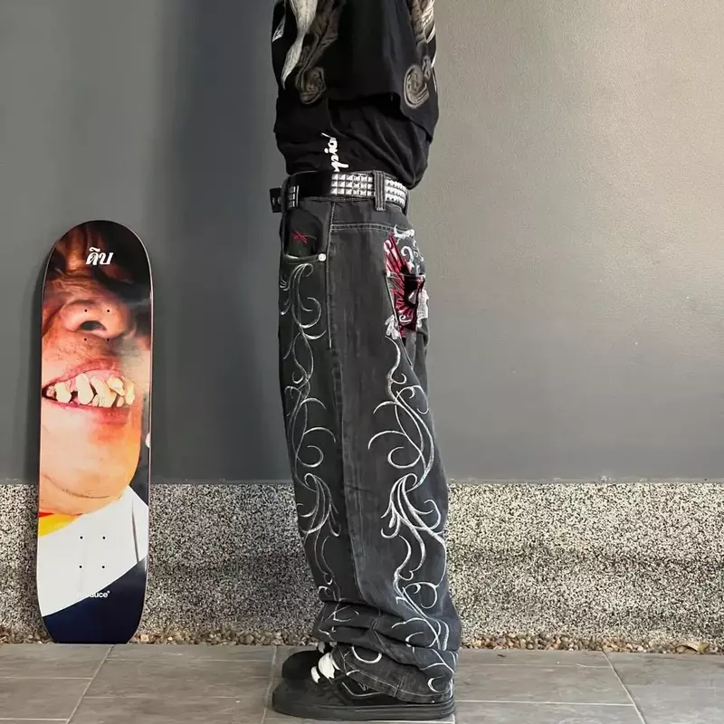 Джинсы Y2k мужские и женские с вышивкой, модные трендовые винтажные уличные повседневные брюки из денима в стиле Харадзюку, прямые джинсы с широкими штанинами