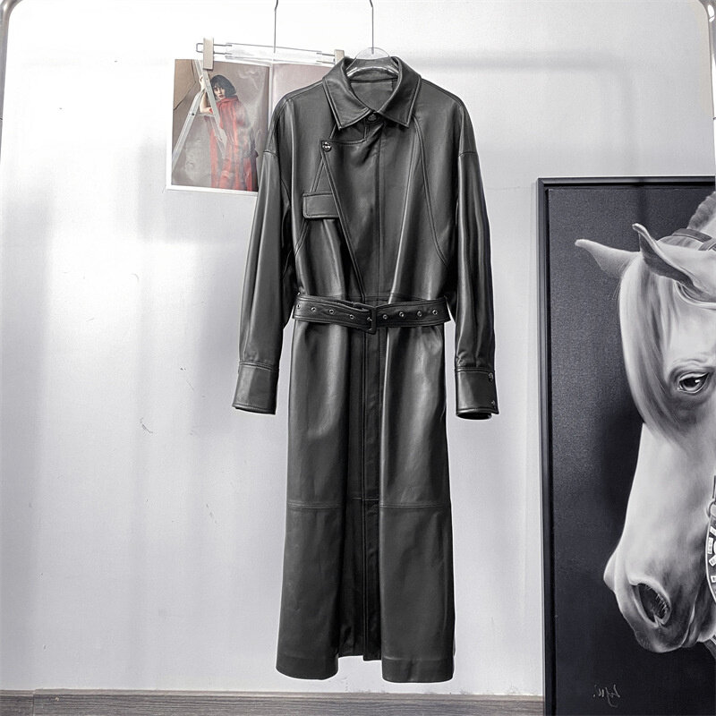 2024Autumn and Winter  New style Commuter Versatile Waist Slim Women's Leather Sheepskin Leather Long Windbreaker Women