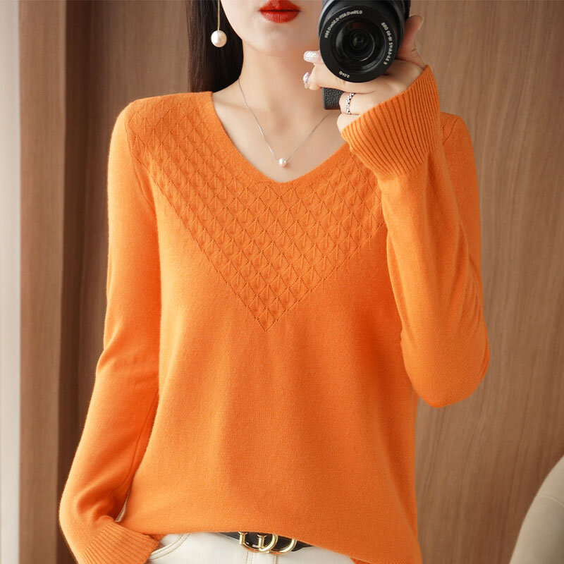 Autumn And Winter 2023 New V-Neck Knit Pullover Long Sleeve Sweater Women's Solid Color Warm Bottoming Shirt Top
