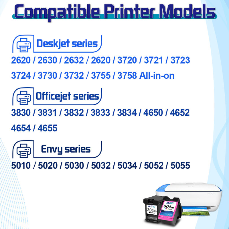 Alizeo 304 XL Kartrid Tinta untuk HP 304 XL Diproduksi Ulang untuk HP Deskjet 2620 3724 3755 3758 Envy 5010 5020 5032 5034 5052