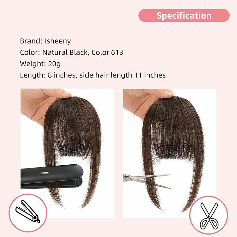 Isheeny 8" Nautral Black 3 Clips In Human Hair Bangs Straight Hair Piece With Two Side Corner 20g Extensions Clip Hair