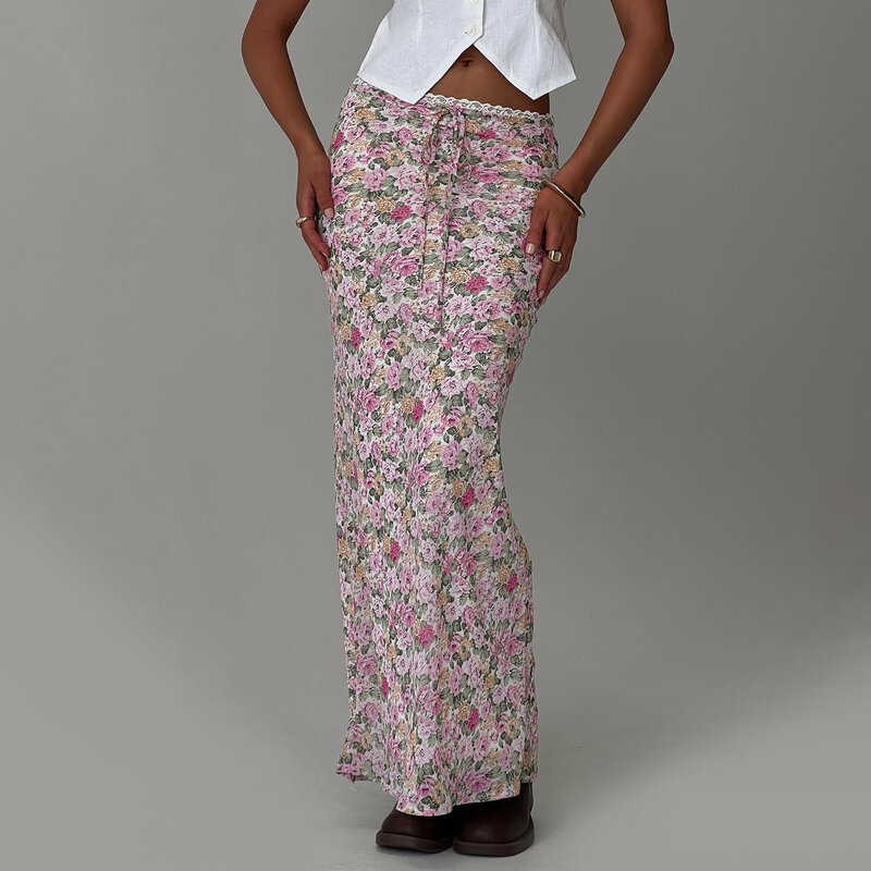Jupe longue décontractée pour femme, garniture en dentelle mince, imprimé floral, proximité, jupe Wstring pour l'été, Streetwear