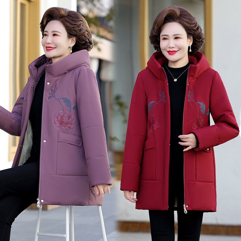 Middle-Aged Elderly Mother Clothing Plus Velvet Thicken Parkas Women  Oversized 8XL, 9XL Winter Cotton Coat embroidery Jackets