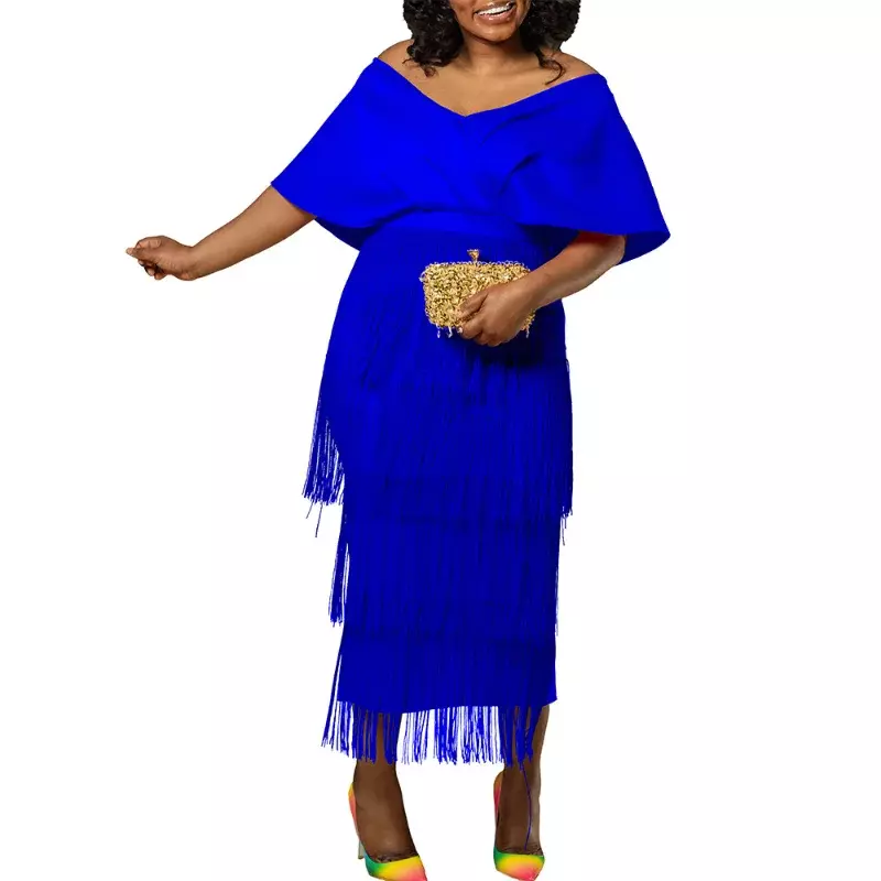 Frauen Quaste Party Kleider elegante V-Ausschnitt hohe Taille Sommer Mode sexy Robe von der Schulter Bankett Midi Kleid neu in afrikanischen Dame